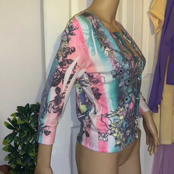 pastel blue pink sparkling butterflies cardigan sweater M - Picture 11 of 11